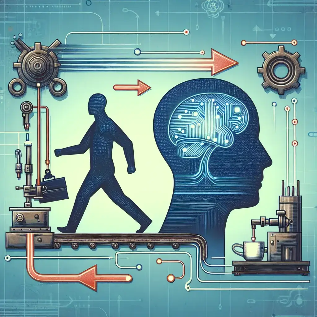 "Imagem ilustrativa mostrando gráficos de crescimento e automação com ícones de inteligência artificial, representando o impacto da IA na automação e no deslocamento de empregos."