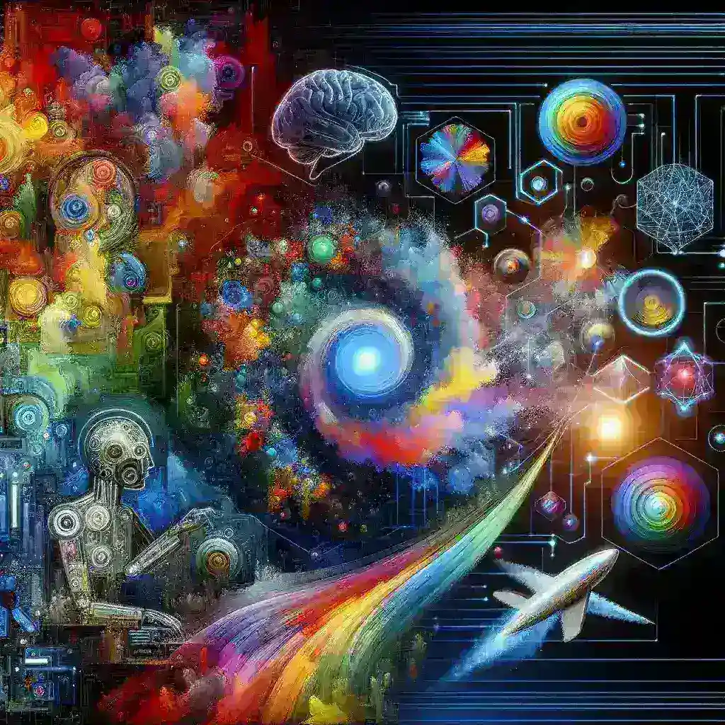 "Imagem gerada por IA exibindo uma cena futurista de criação visual digital, ilustrando a revolução tecnológica na arte e design com inteligência artificial."